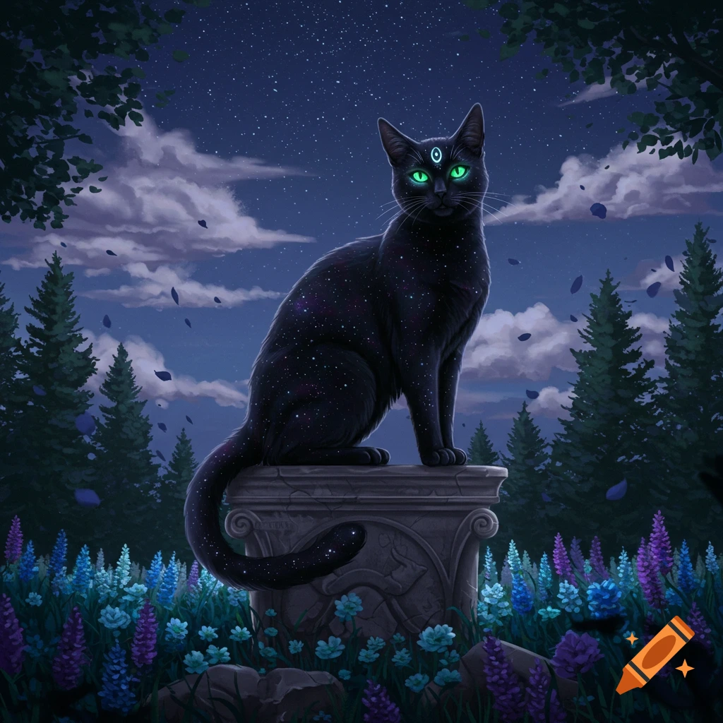 A magical black cat with glowing green eyes and starry fur sits on a ...