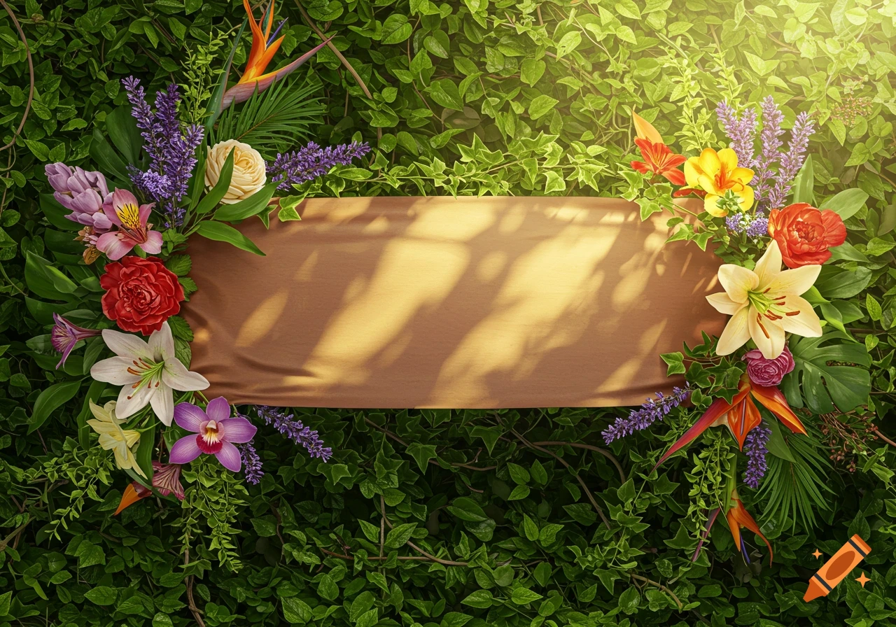 A wooden banner surrounded by lush green leaves and vibrant colorful flowers, illuminated by dappled sunlight.