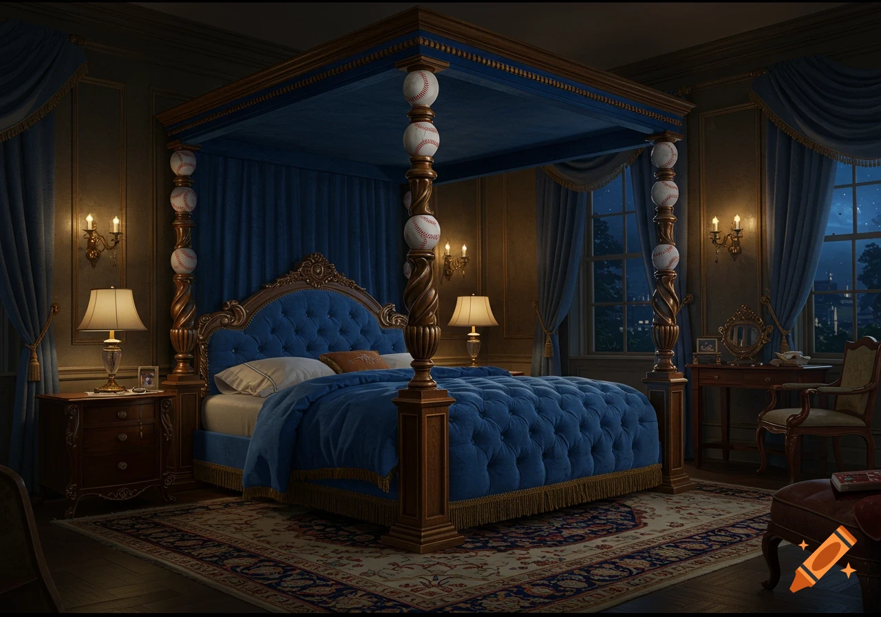 A luxurious royal blue four-poster bed with baseballs on each post in a richly decorated, dimly lit bedroom at night.