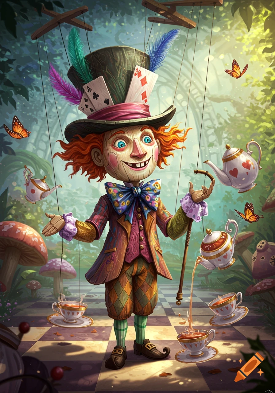 A whimsical wooden puppet resembling the Mad Hatter stands in an enchanted forest with floating teacups and butterflies.