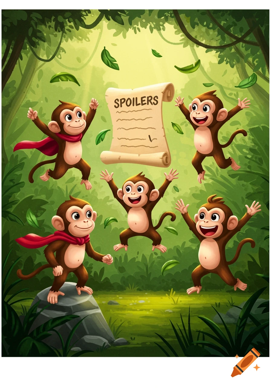 Five happy cartoon monkeys jumping in a lush green jungle, with a scroll labeled 'SPOILERS' in the center. Two monkeys wear red capes.