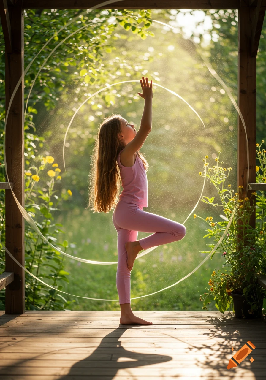 Young girl in pink yoga wear performs a tree pose on a wooden deck at sunrise, surrounded by lush green foliage and yellow flowers.