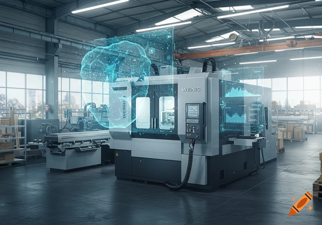 Photorealistic image of a grey industrial WEINIG machine with blue holographic digital twin projections and data in a factory setting.