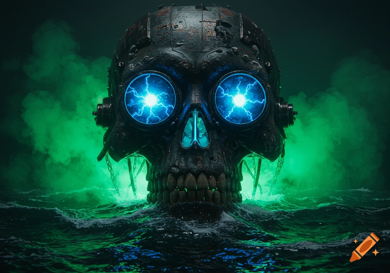 A colossal cybernetic skull with glowing blue eyes and rusted metal emerges from dark, choppy water amidst green toxic smoke, in a detailed steampunk cyberpunk style.