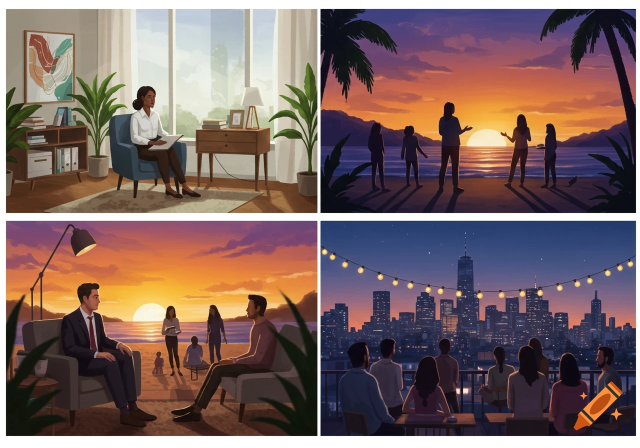 Four illustrative panels depict various settings: a woman in an office, people on a beach at sunset, two men on a beach, and people on a rooftop viewing a city skyline at night.