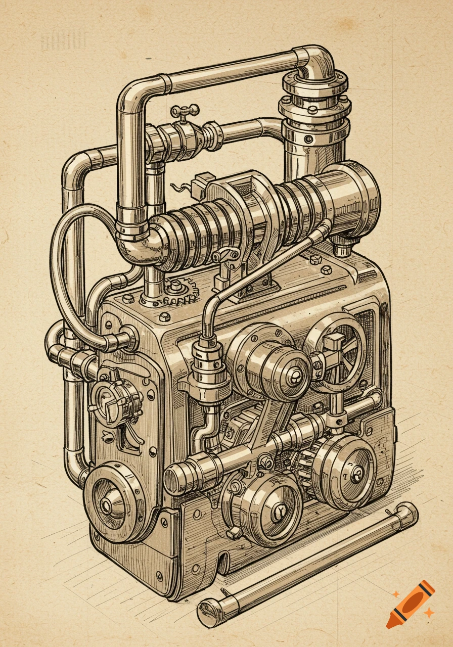 A detailed sketch of a complex mechanical device with pipes, gears, and valves on a textured beige background.
