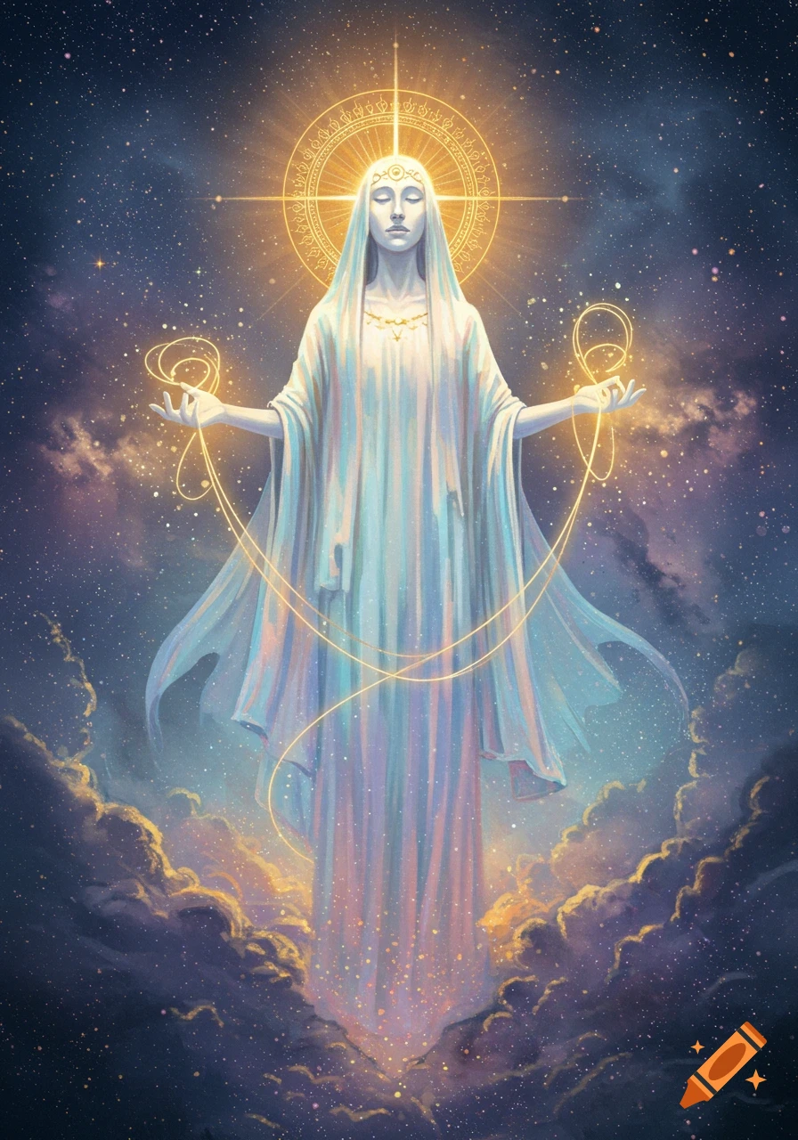 An ethereal, robed figure with a golden halo and glowing energy strands stands in a cosmic sky with clouds, in a digital painting style.