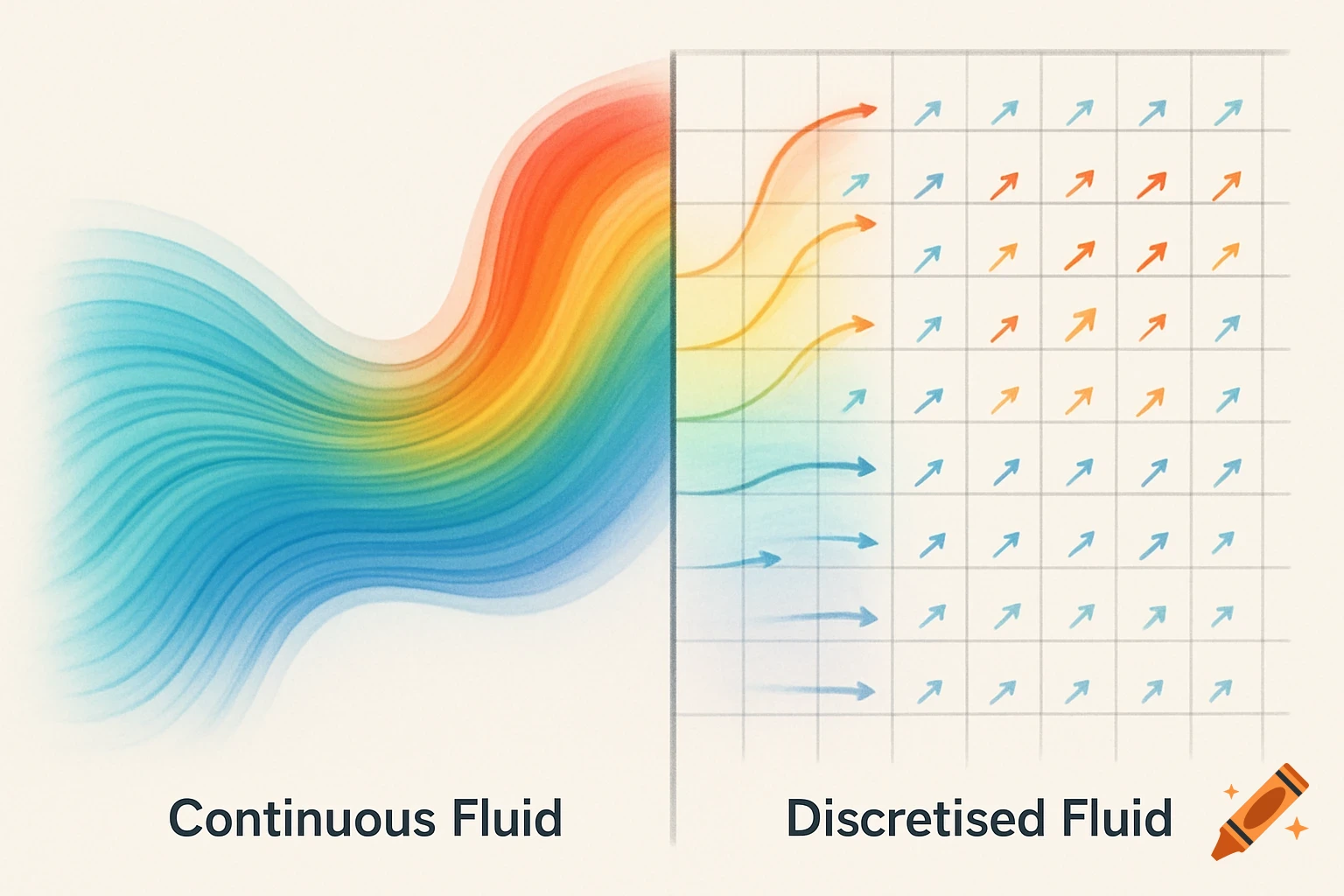 Educational illustration comparing continuous fluid flow with smooth, colorful waves and discretised fluid flow with a grid of arrows.
