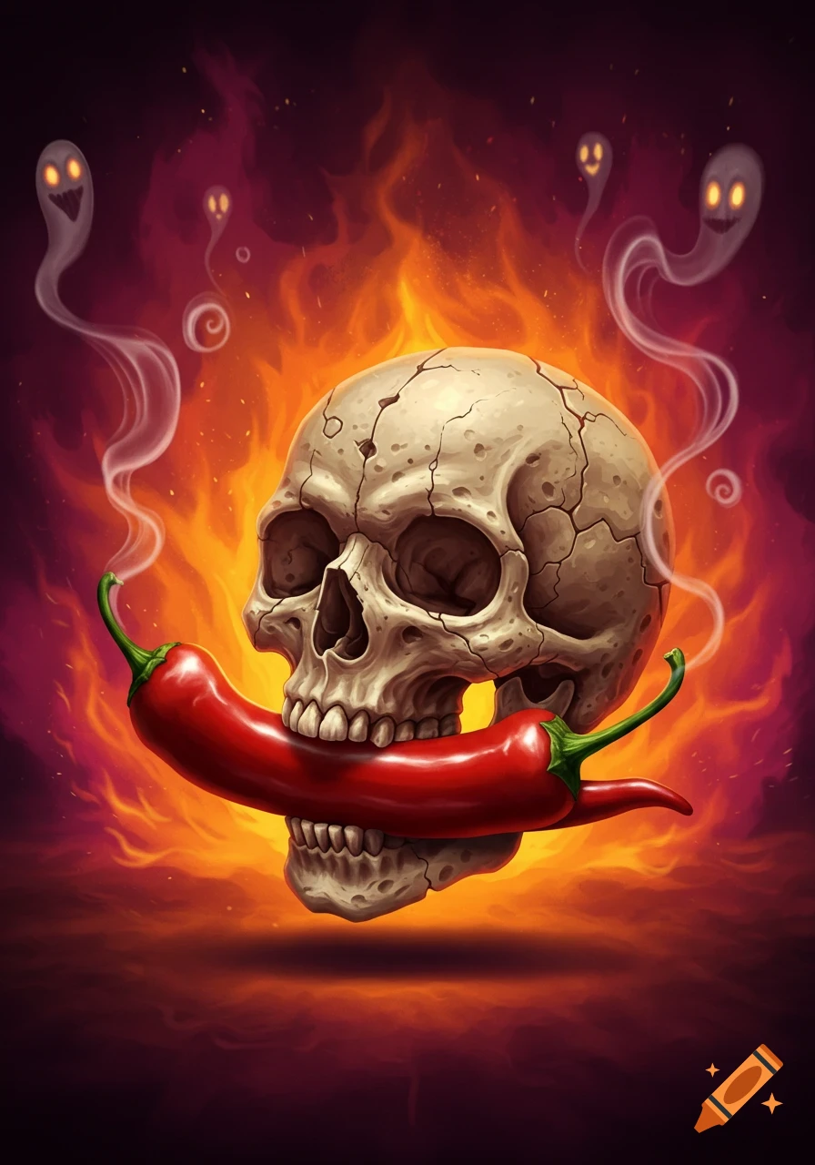 Stylized illustration of a cracked skull chewing a red chili pepper, surrounded by orange flames and small white ghosts.