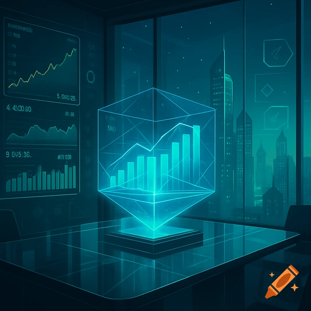 A futuristic office with a glowing holographic cube displaying a bar graph and a line graph, surrounded by screens with financial data. The scene has a teal and blue aesthetic.