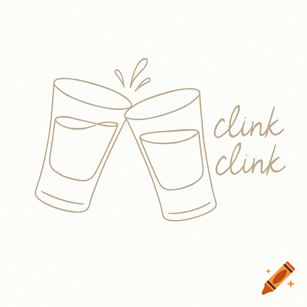 Minimalist line drawing of two beige outlined shot glasses clinking together with a small splash, and the text "clink clink".