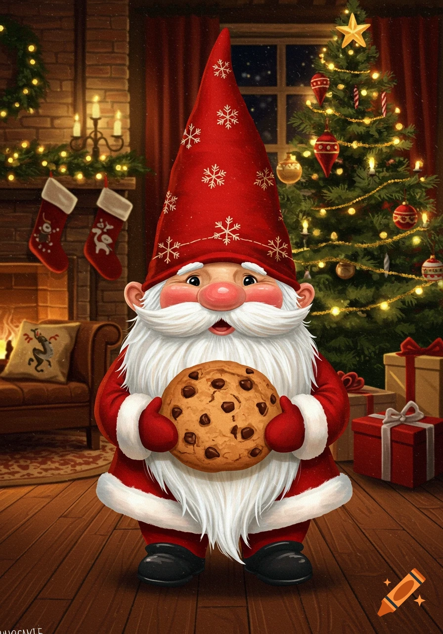 A festive gnome in a red and white suit holds a chocolate chip cookie in a cozy Christmas living room with a decorated tree and fireplace.