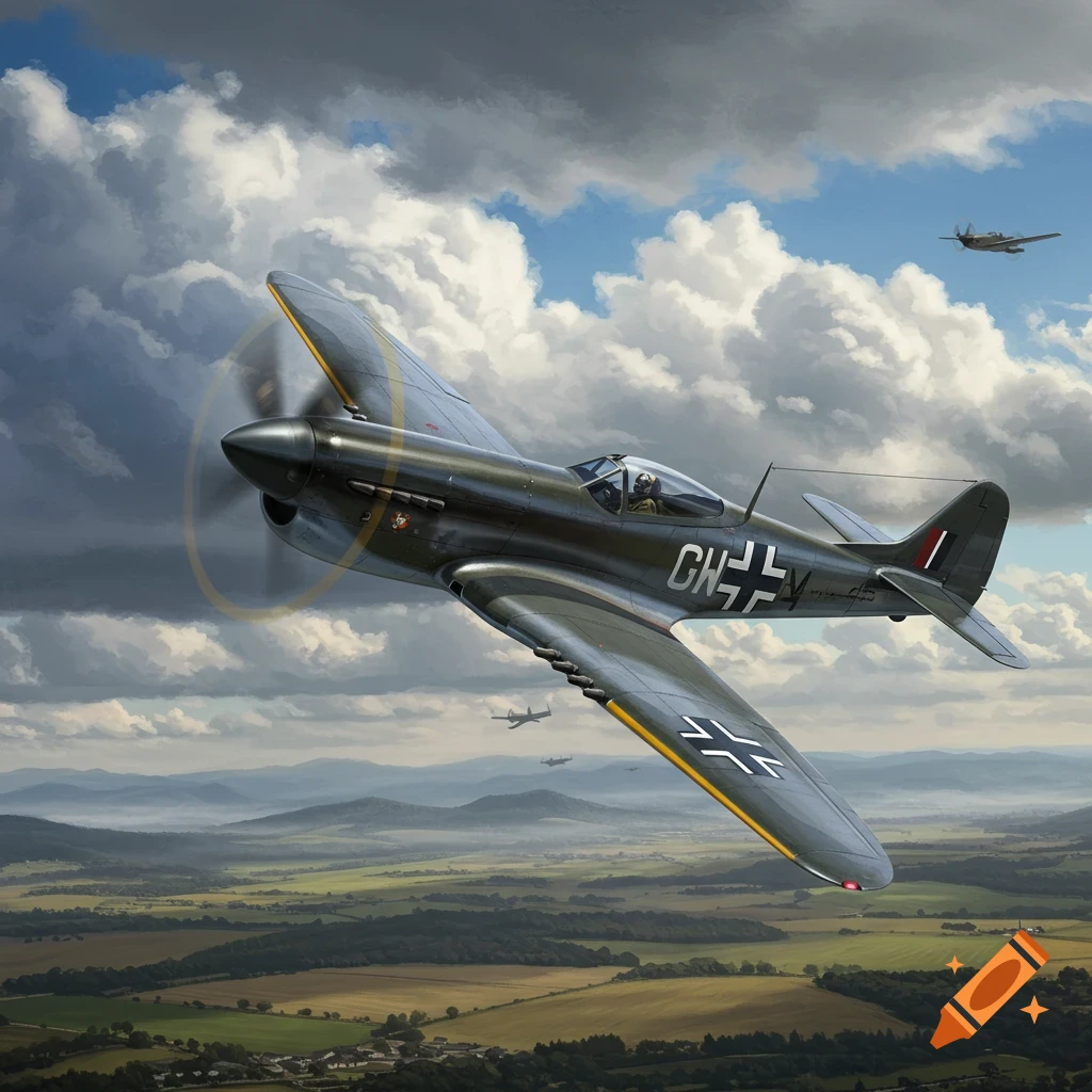 A dark grey WWII fighter plane with German markings flies over green hills and fields under a cloudy sky.