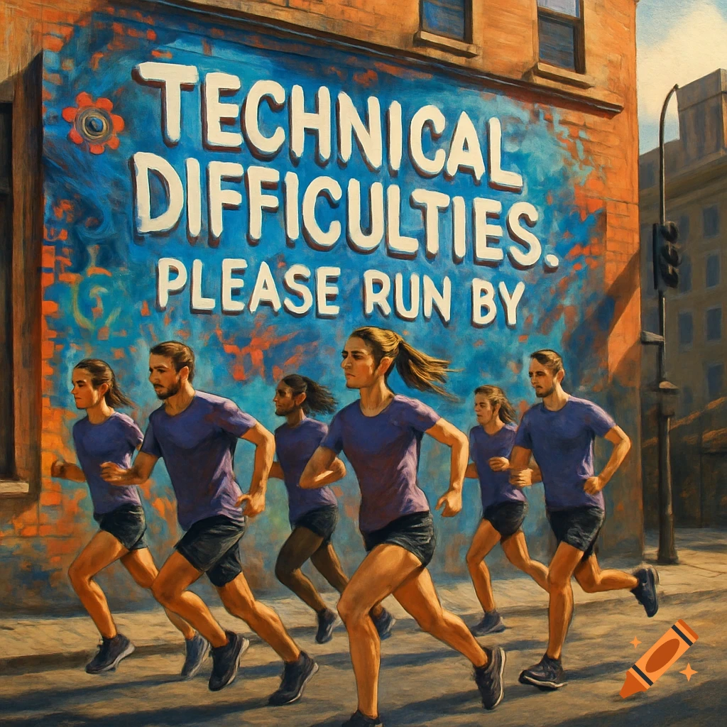 A group of runners in purple shirts and black shorts runs past a building with a blue mural that reads 'Technical Difficulties. Please Run By'.