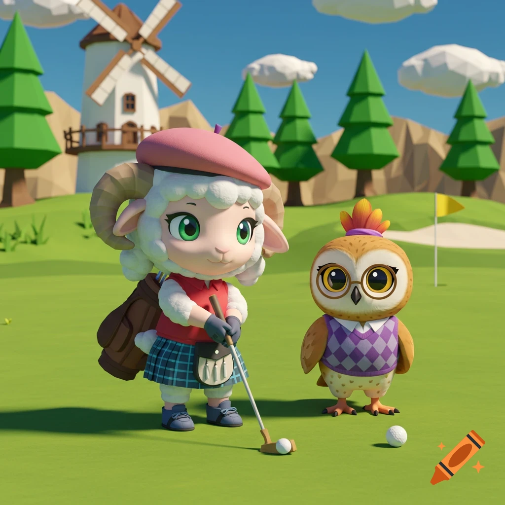 Chibi lamb in a beret and kilt putts a golf ball on a low-poly golf course, an owl in a sweater vest watches, with a windmill in the background.
