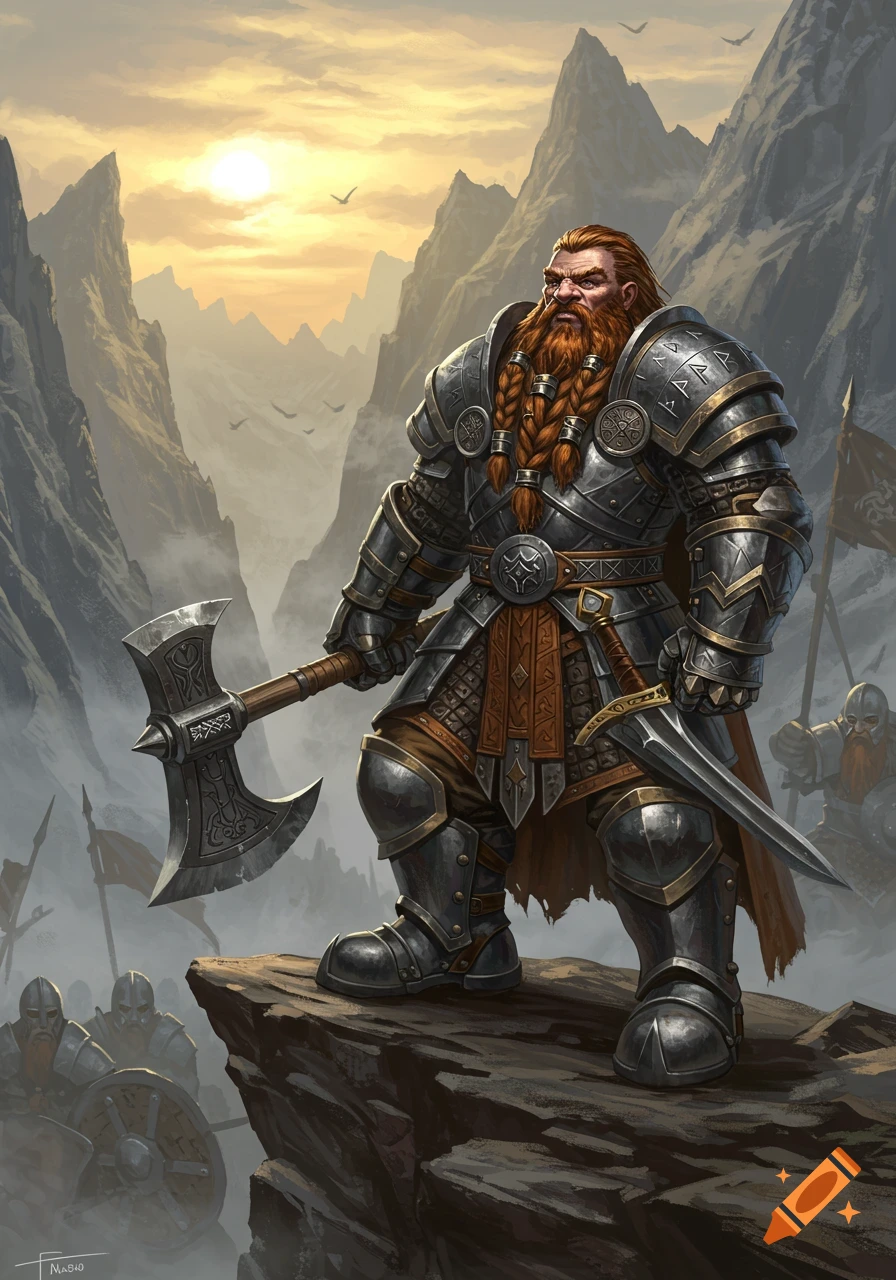 A heavily armored dwarven warrior with an axe and dagger stands on a cliff, overlooking a misty mountain valley at sunset. Other dwarves are visible in the background.