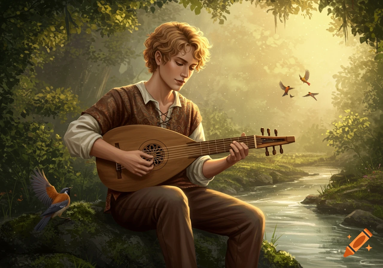 A fair-haired young man plays a lute beside a river in a sunlit fantasy forest, with birds flying.