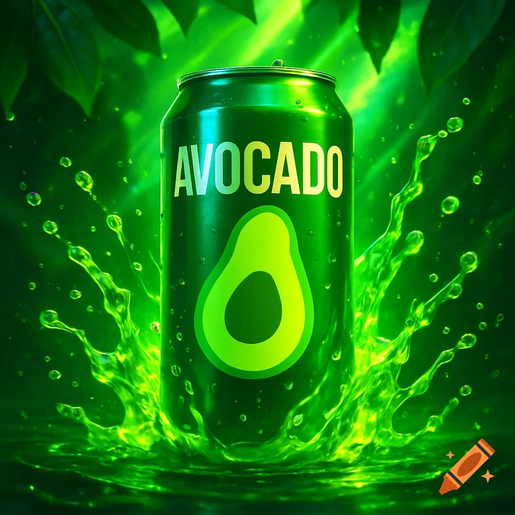 A green can labeled "AVOCADO" with an avocado logo, surrounded by bright green liquid splashes and leaves in the background.