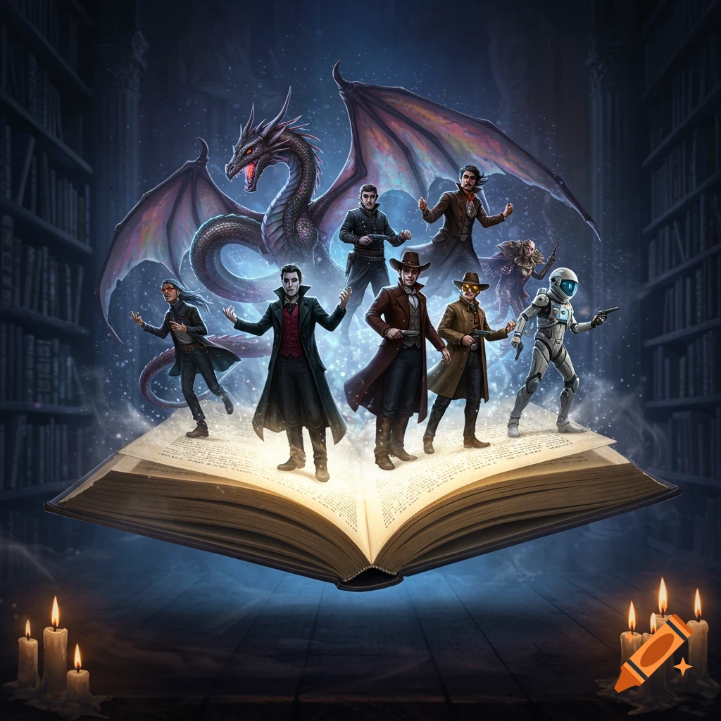Fantasy and sci-fi characters like a dragon, vampire, cowboys, and an astronaut emerge from an open book in a library.