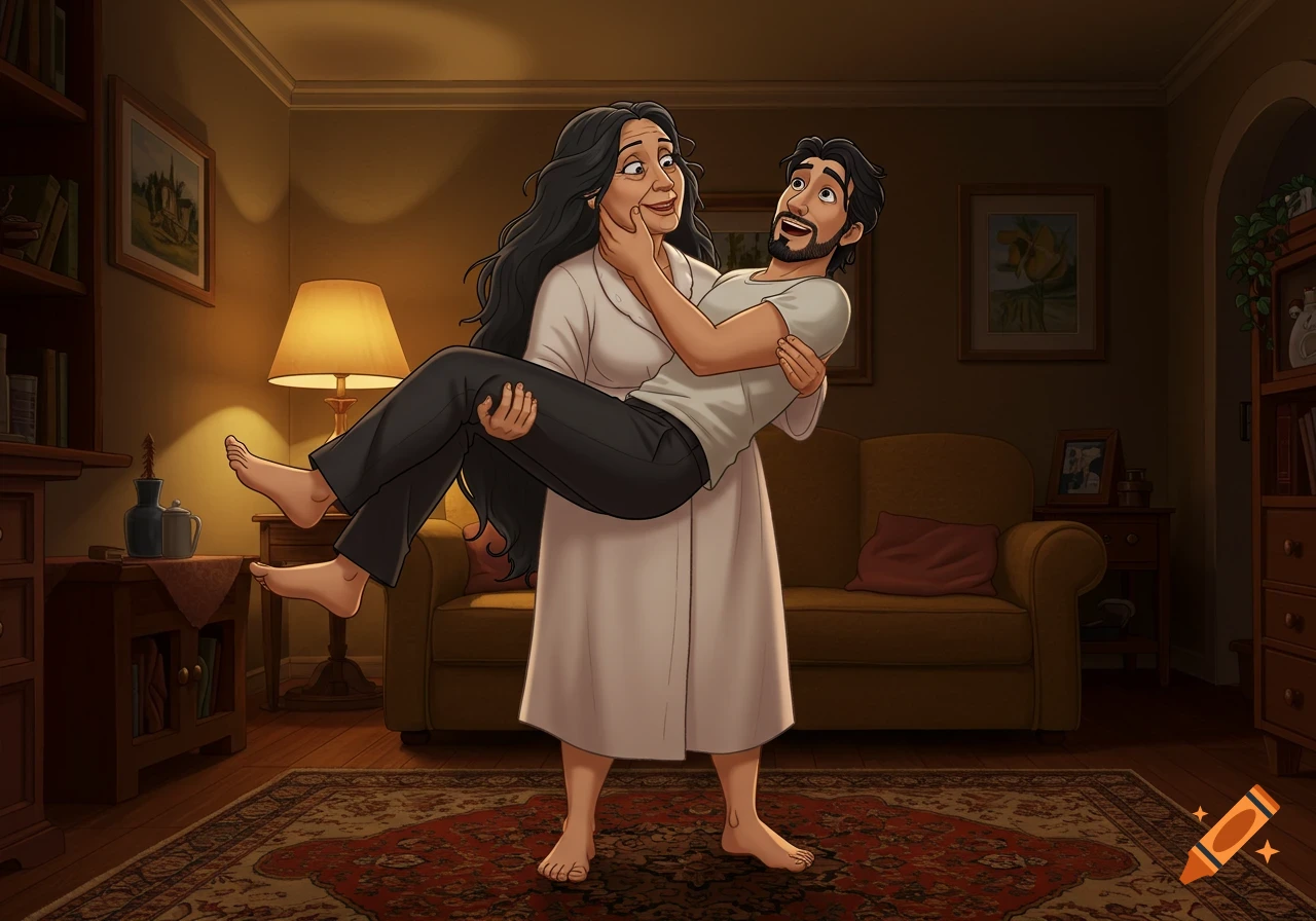 A cartoon of an older woman carrying a younger man in a living room. The woman smiles, the man looks surprised.