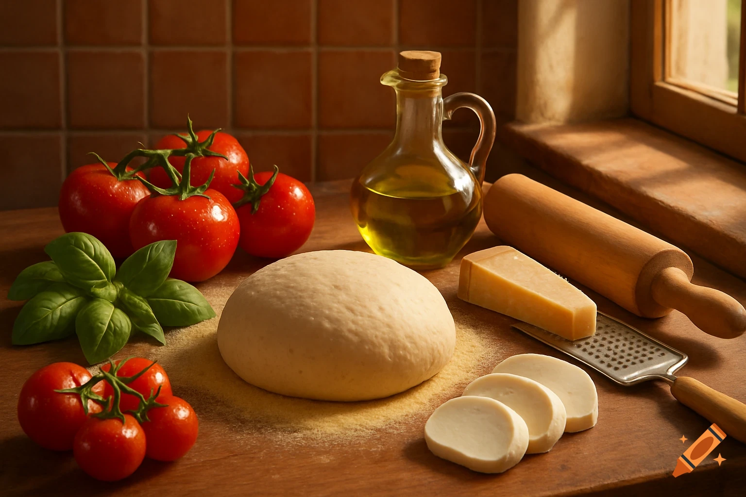 Photorealistic pizza ingredients on a wooden counter: dough, fresh tomatoes, basil, olive oil, cheese, and a rolling pin.