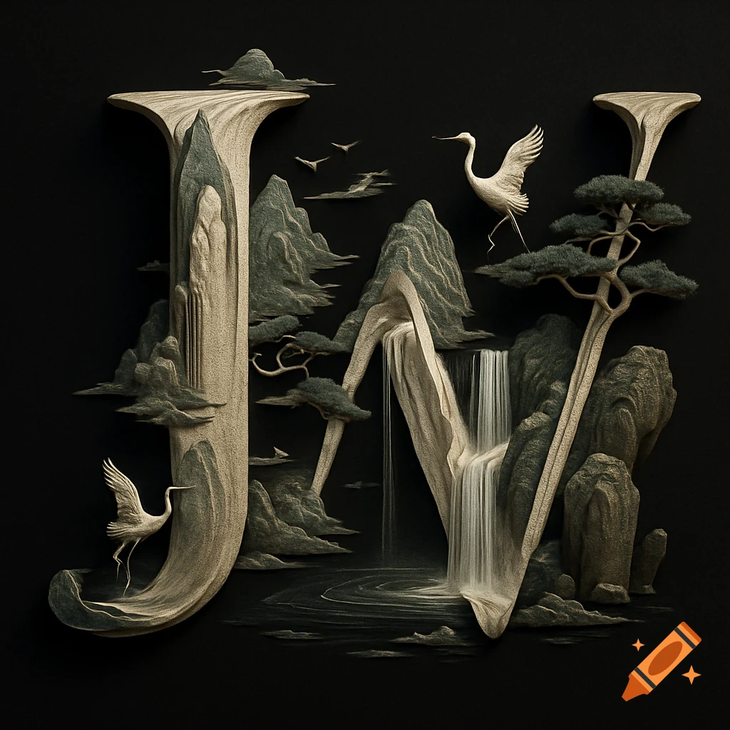 3D Chinese-style relief of letters J and W formed by mountains, waterfalls, cranes, and pine trees on a black background.