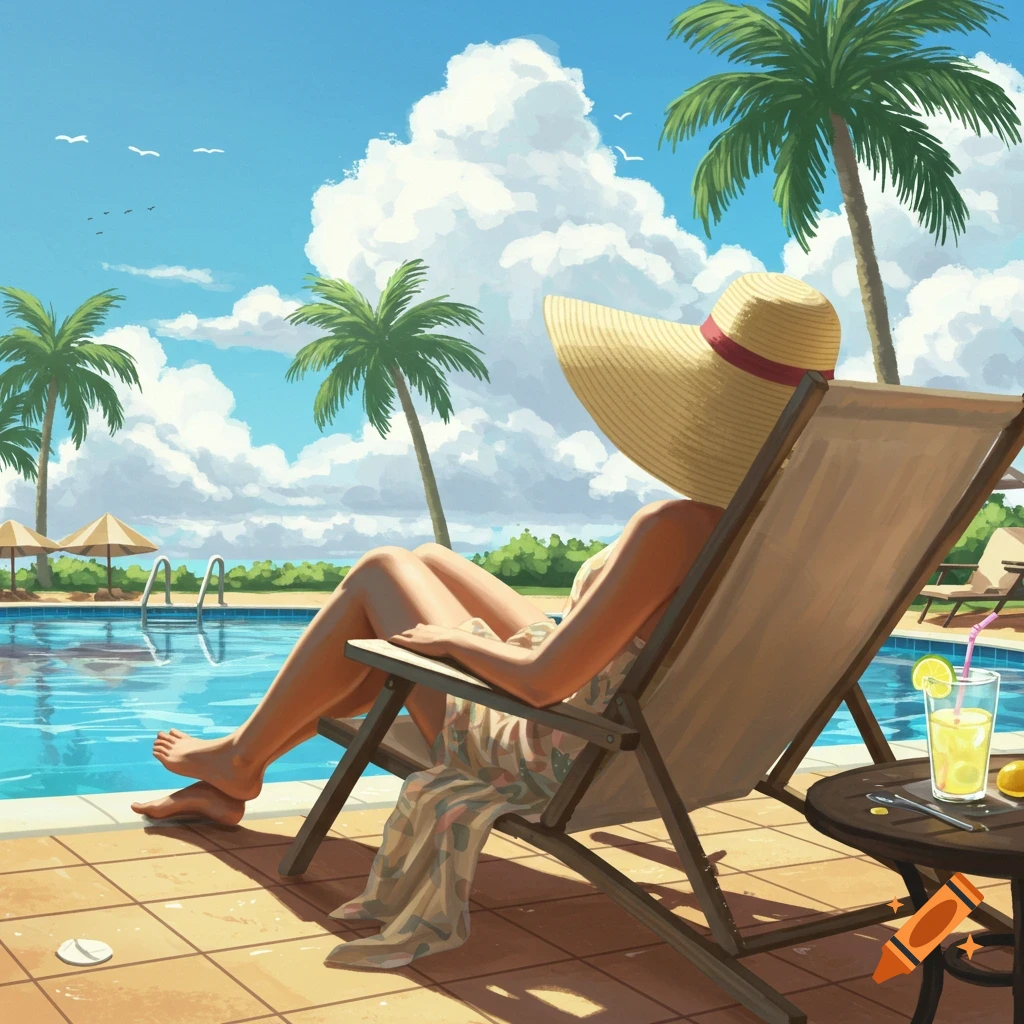 A person in a large straw hat relaxes on a lounge chair by a swimming pool with palm trees under a cloudy blue sky.