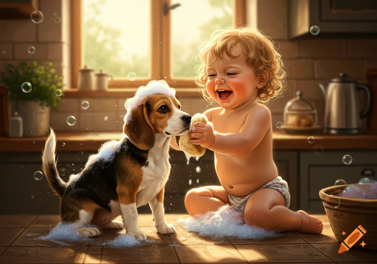 A happy baby in a diaper bathes a beagle puppy covered in soap bubbles in a sunlit kitchen, photorealistic style.