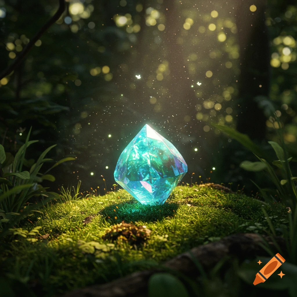 A glowing blue-green faceted gem sits on mossy ground in a dark forest, illuminated by a light ray with sparkling particles.
