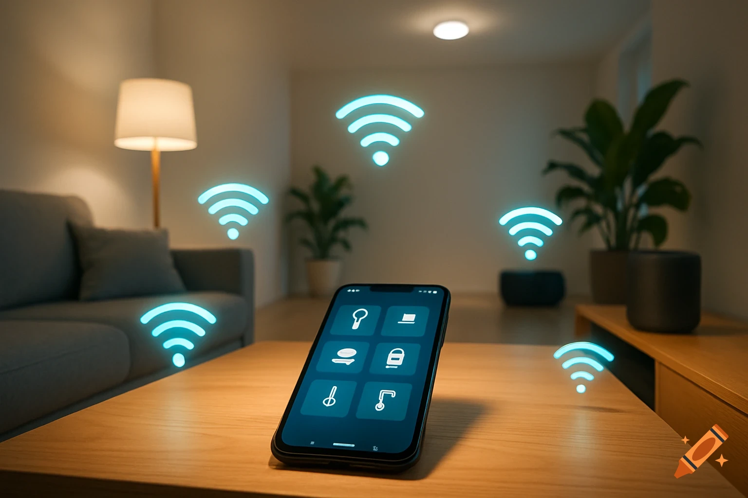 A smartphone on a wooden table displays smart home controls, surrounded by glowing Wi-Fi signal icons in a modern living room.