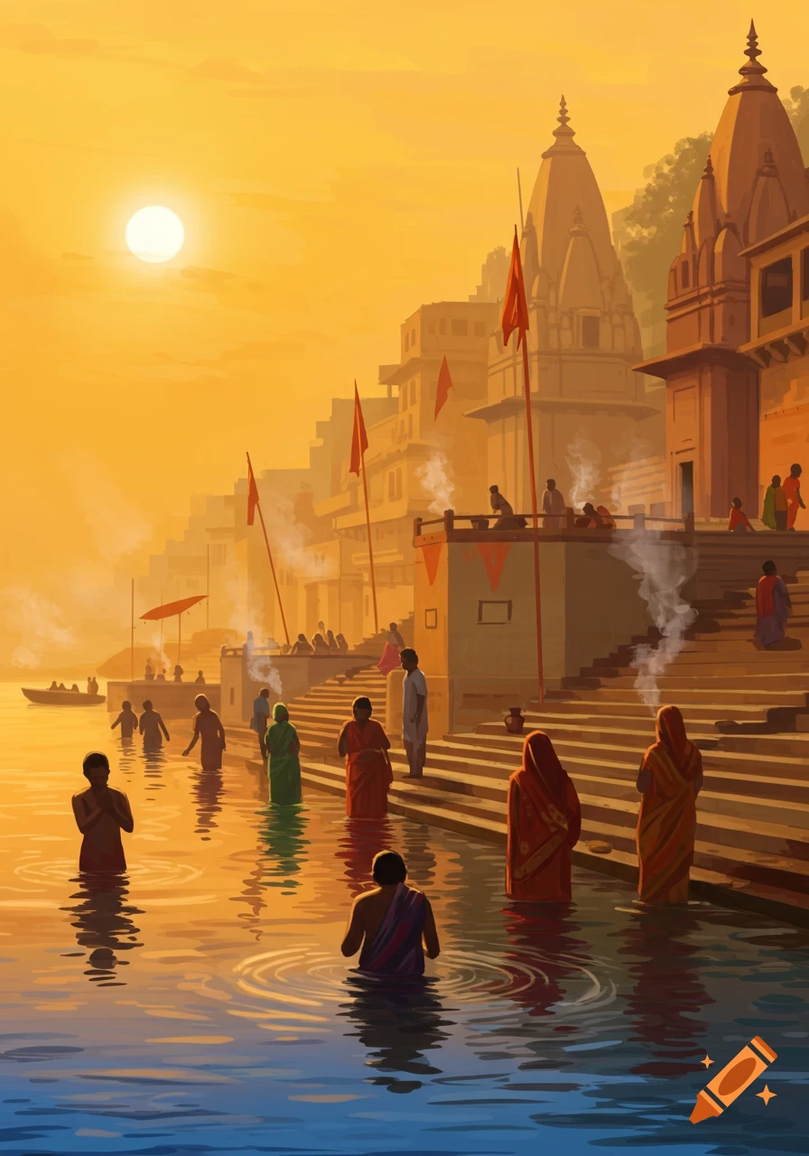 Stylized painting of people bathing in a river at sunrise, with Hindu temples and ghats lining the bank.