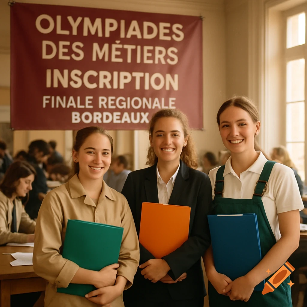 Three smiling young women holding colorful folders pose in front of a banner that reads "Olympiades des M A tiers Inscription Finale R A gionale Bordeaux".