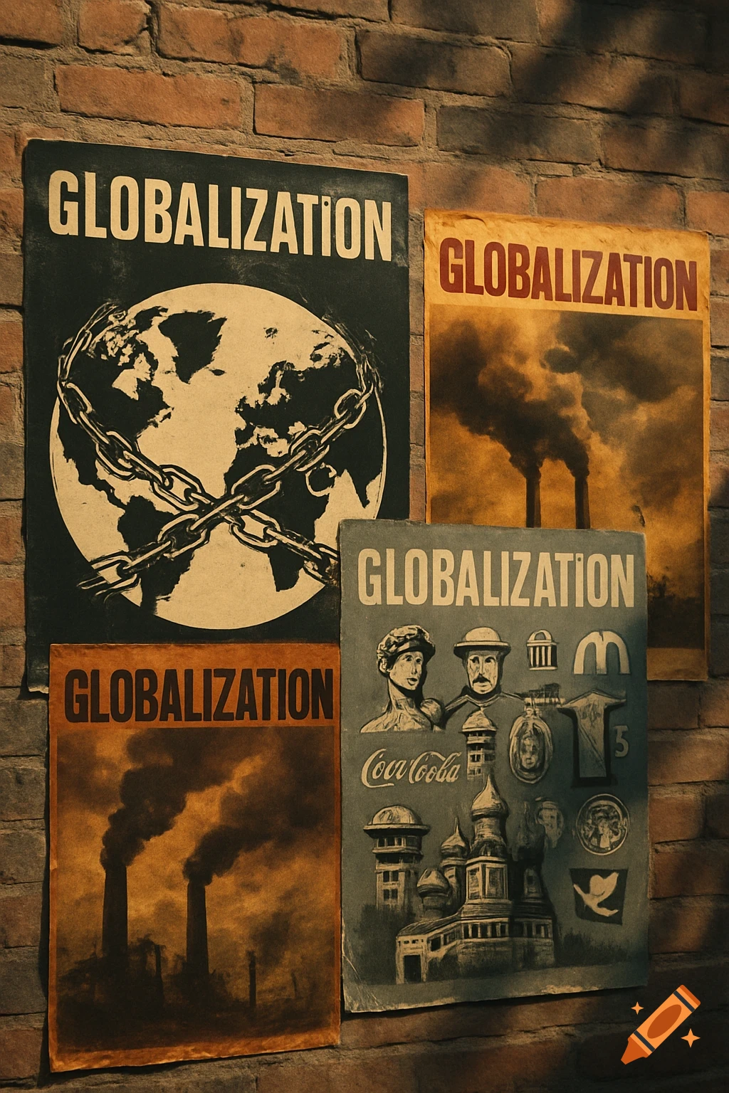 Four propaganda-style posters against globalization displayed on a brick wall. One shows a chained earth, others depict smoking factory chimneys and a collage of corporate symbols.