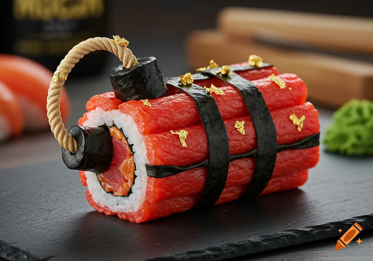 Photorealistic sushi arranged like TNT dynamite, with red tuna rolls, black nori straps, gold flakes, and a rope fuse on a slate board.