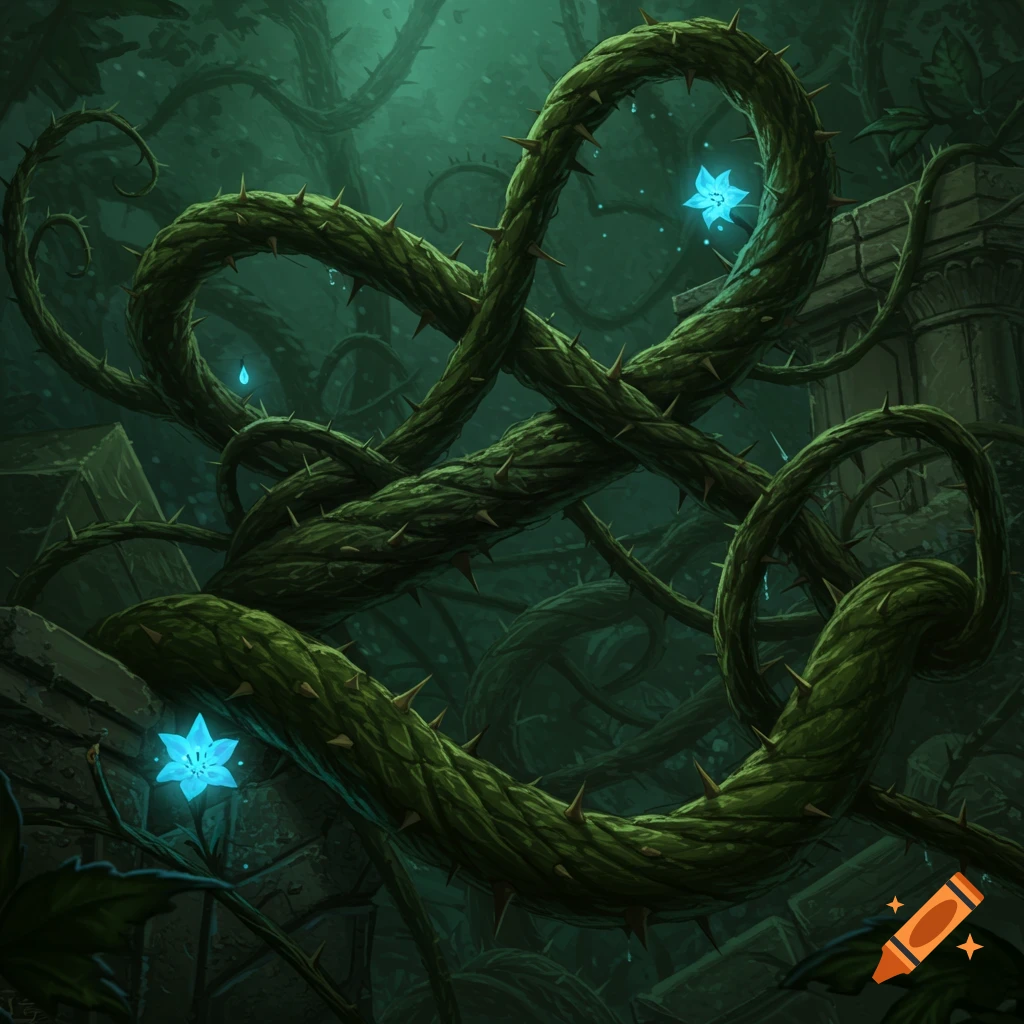 Thorny green vines with glowing blue flowers and droplets entwine around ancient stone rubble in a dark, mystical forest.