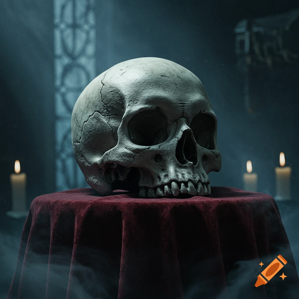 A detailed human skull sits on a red velvet cloth, flanked by two lit candles in a dark, atmospheric room.