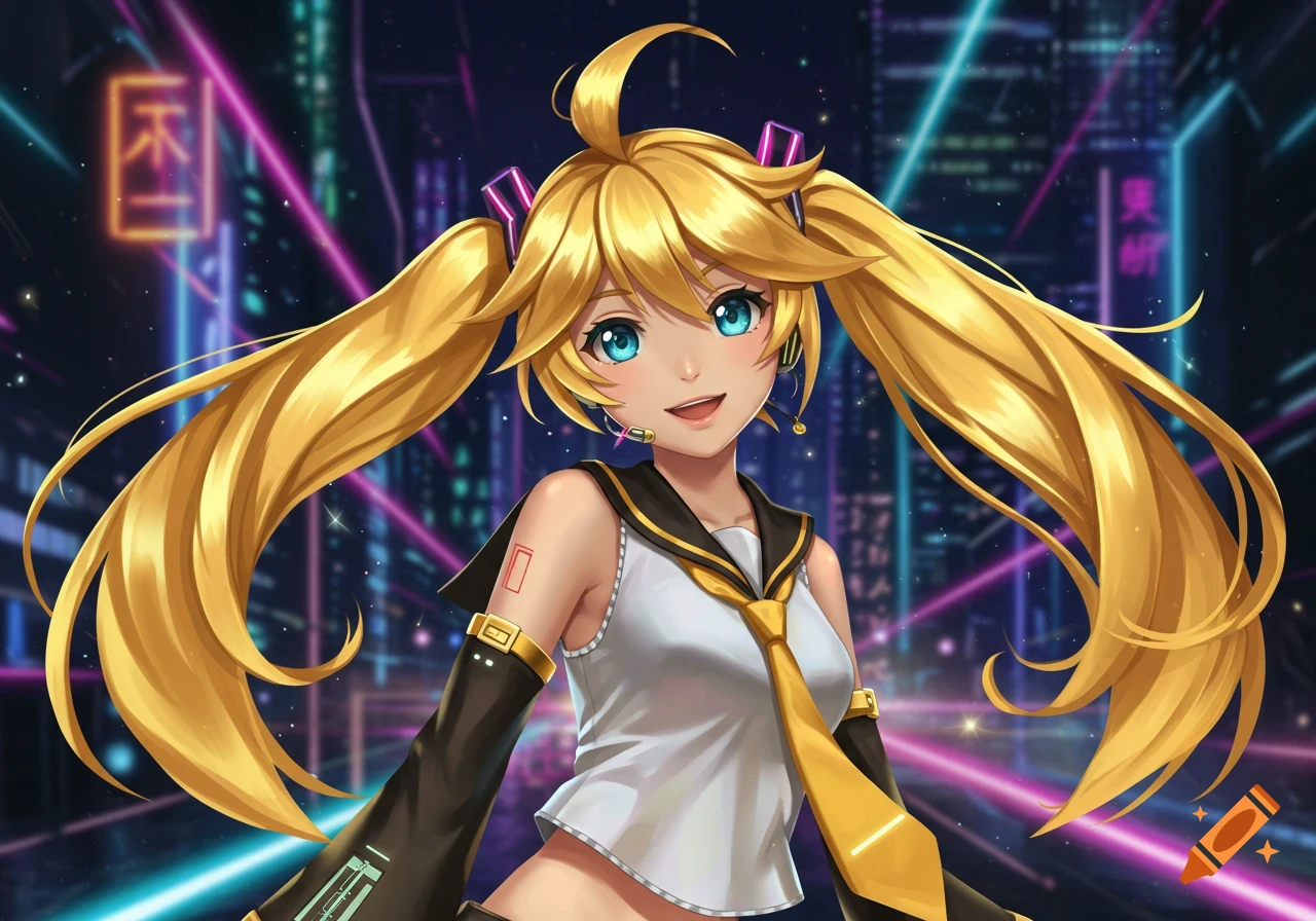 A cheerful anime girl with long blonde pigtails and blue eyes, wearing a sailor-style top, smiles in front of a neon-lit cyberpunk city at night.