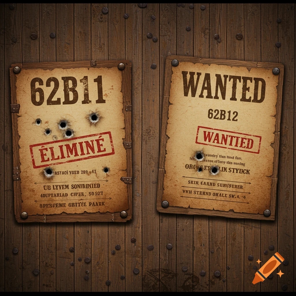 Two vintage Western-style wanted posters, one for '62B11' stamped 'ÉLIMINÉ' with bullet holes and a burn mark, and another for '62B12' stamped 'WANTED' with bullet holes, all on a rustic wooden wall.
