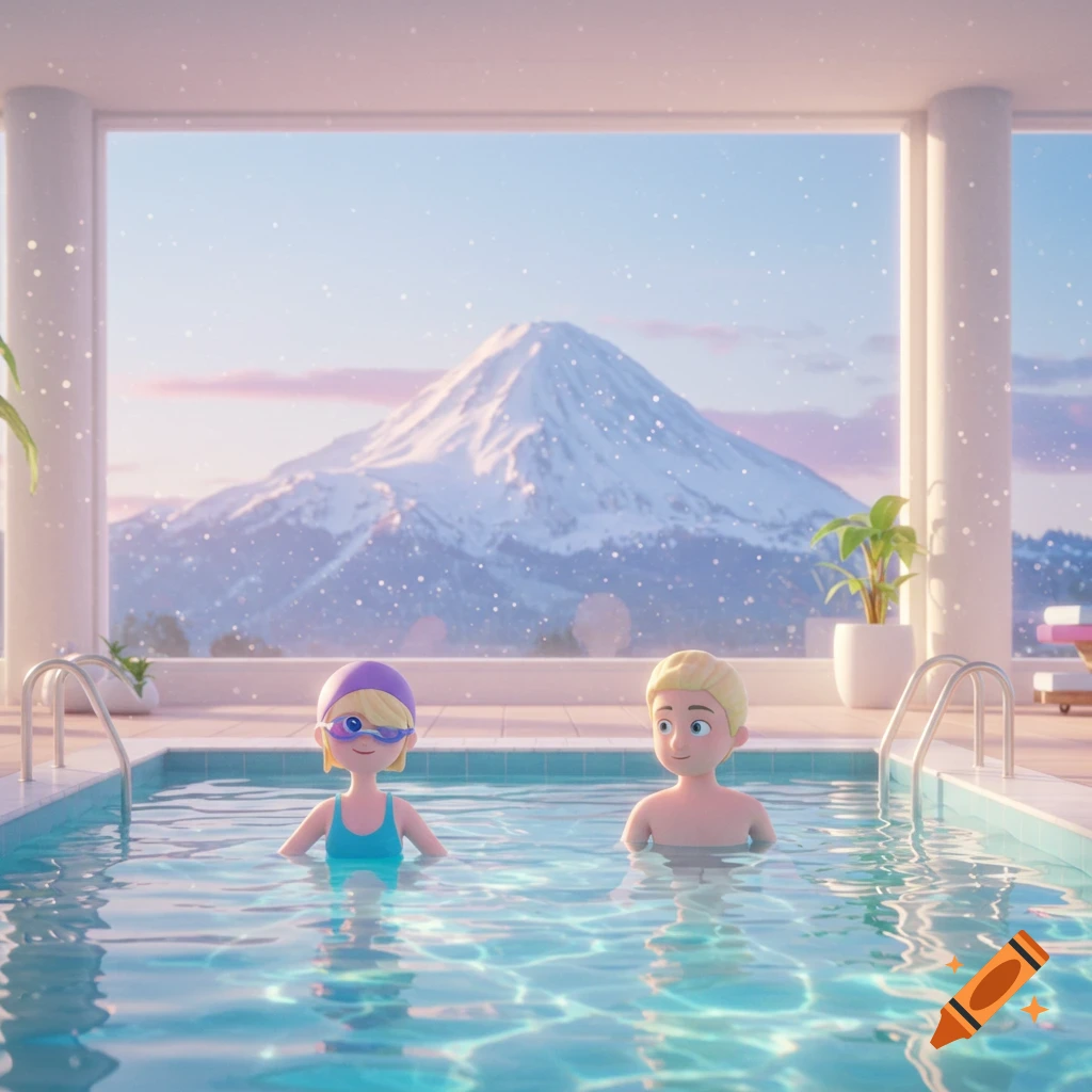 A Pixar-style cartoon girl in a swim cap and boy swim in an indoor pool with a large snowy mountain visible through the window.