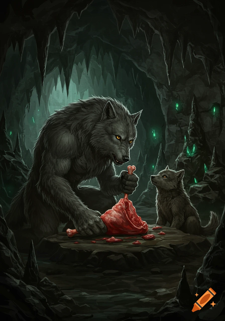 A large, muscular grey werewolf with glowing eyes holds a bone over a pile of raw meat, looking at a small wolf pup in a dark, eerie cave.