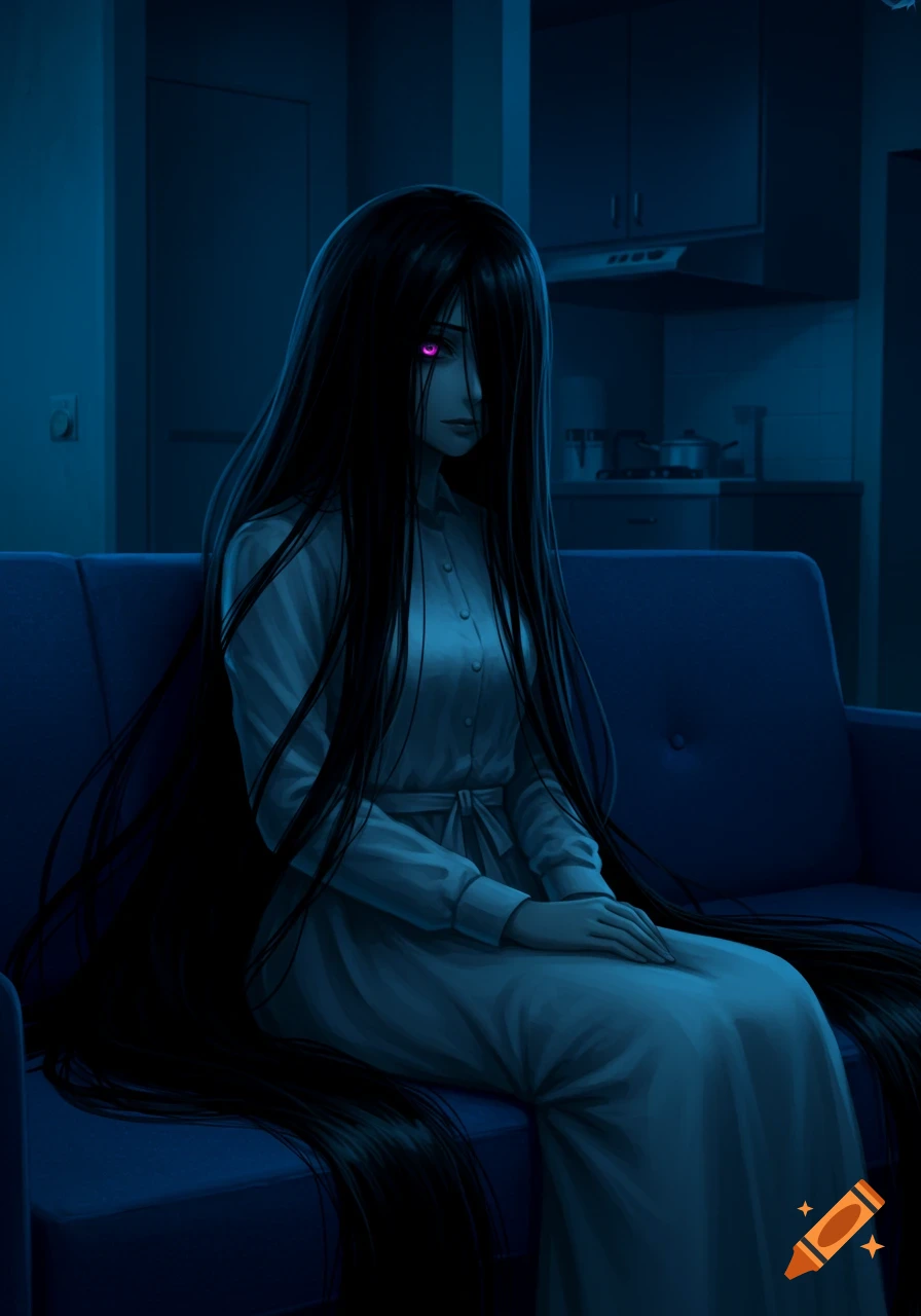 An anime character, reminiscent of Sadako, with long black hair and glowing magenta eyes, sits on a blue couch in a dark apartment.
