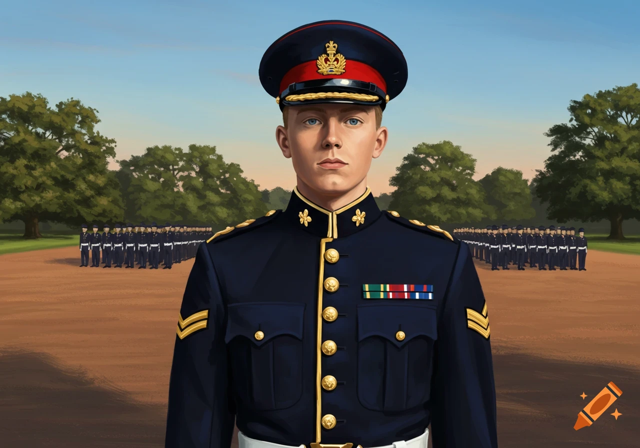A young Royal Marine in a dark blue dress uniform stands at attention on a parade ground, with other soldiers in the background.