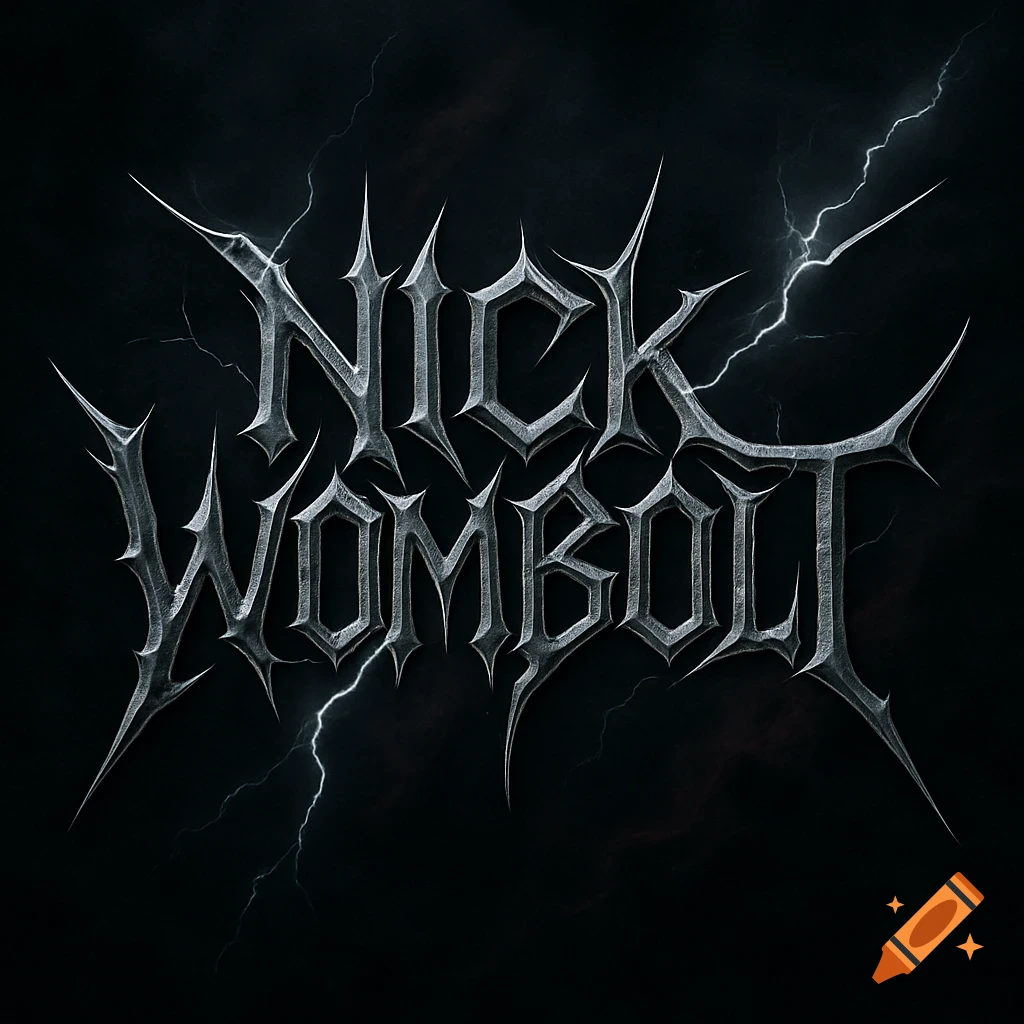 A cool metal band logo for 'Nick Wombolt' in a spiky, metallic, gothic font with lightning in the dark background.