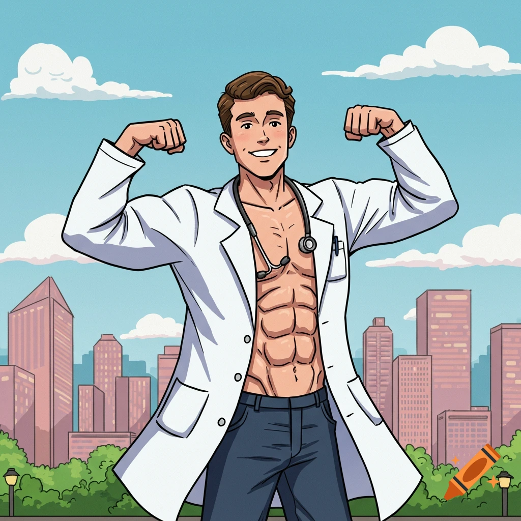 Cartoon of a muscular man in an open doctor's coat flexing in front of a city skyline.