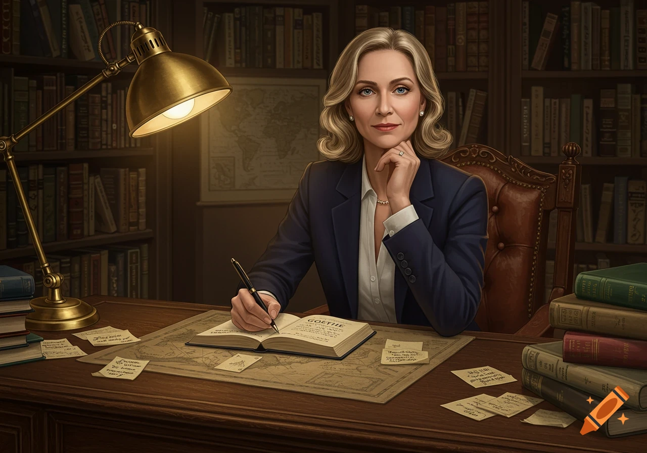 A blonde woman in a navy suit sits at a library desk, writing in a book titled 'GOETHE', under a lamp.