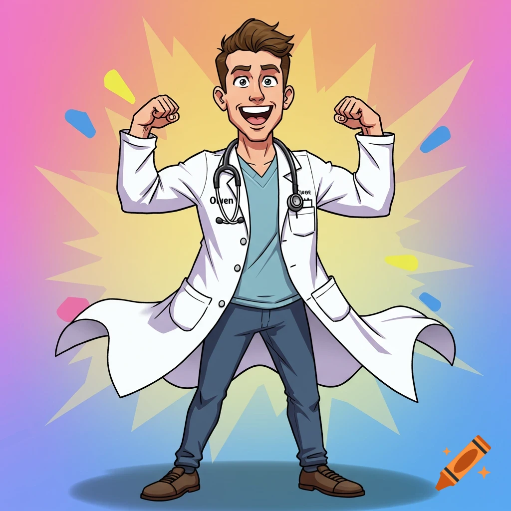 A cartoon young man in a white doctor's coat flexes his muscles, smiling, with a stethoscope around his neck, against a colorful background.