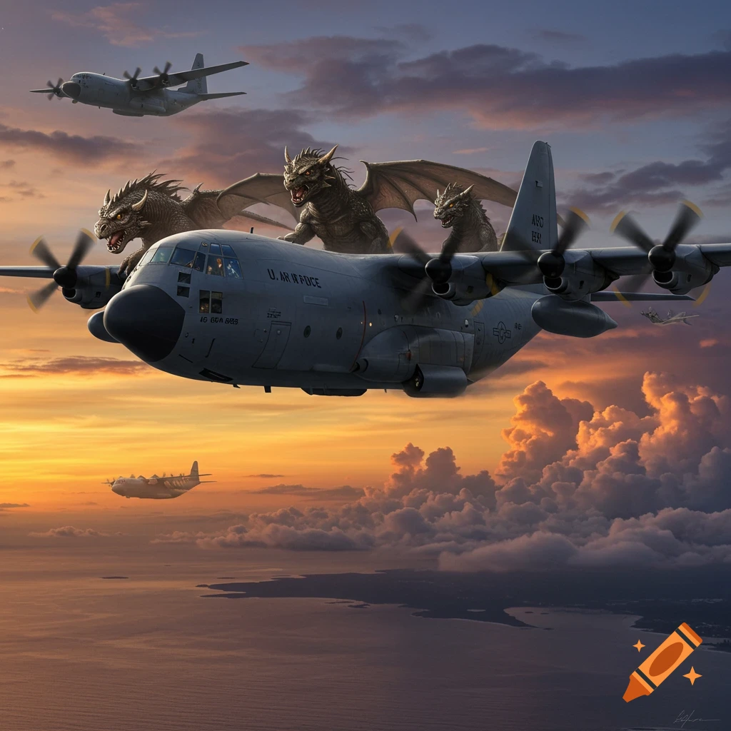 Three large dragons ride on top of a C-130 Hercules military transport plane flying above the ocean at sunset, with other planes in the distance.