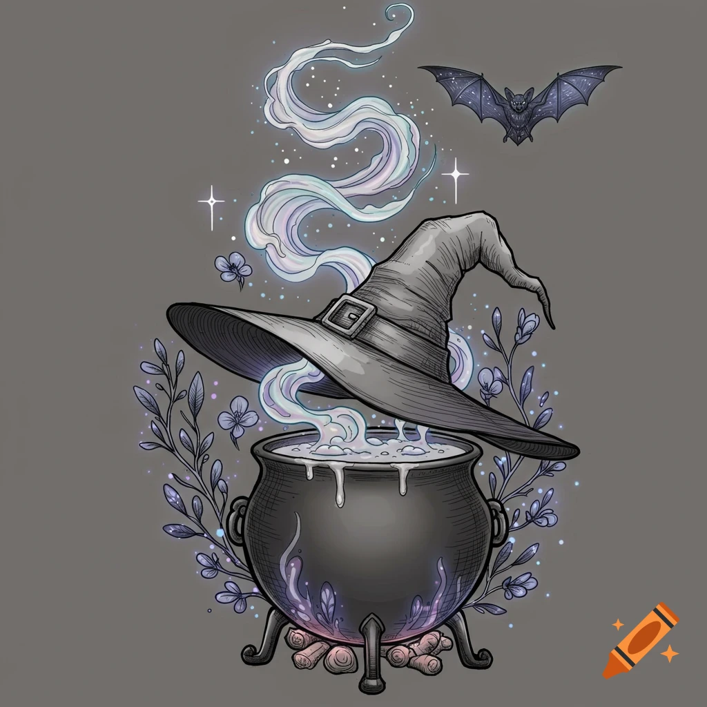Stylized illustration of a witch's hat on a bubbling cauldron, surrounded by foliage, with a bat flying above.