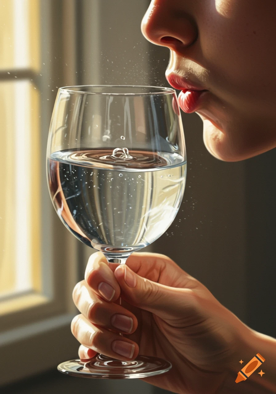 Close-up of a person blowing across a full glass of water, creating ripples on the surface, in a photorealistic style.