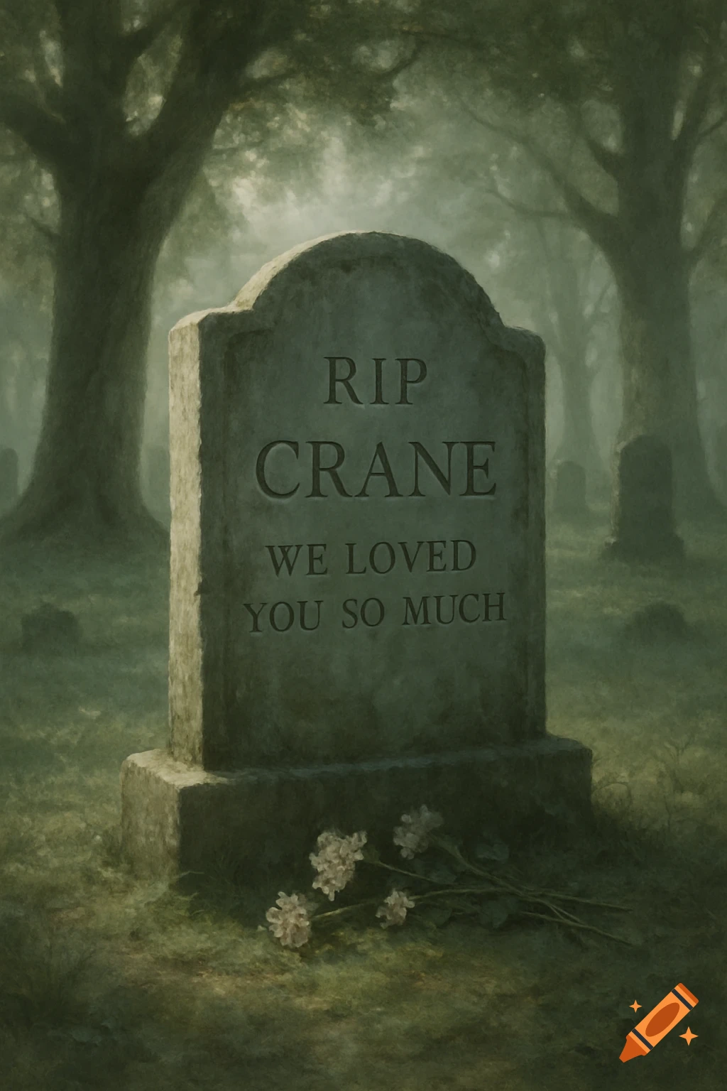 A stone gravestone inscribed with "RIP CRANE WE LOVED YOU SO MUCH" stands in a misty, dark forest, with faded flowers at its base.